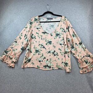Violeta by Mango Womens Floral V-Neck Blouse Peach Ruffle Bell Sleeve Size M